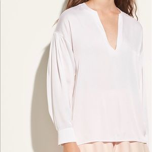 Vince Ruched Split Neck Silk Blouse